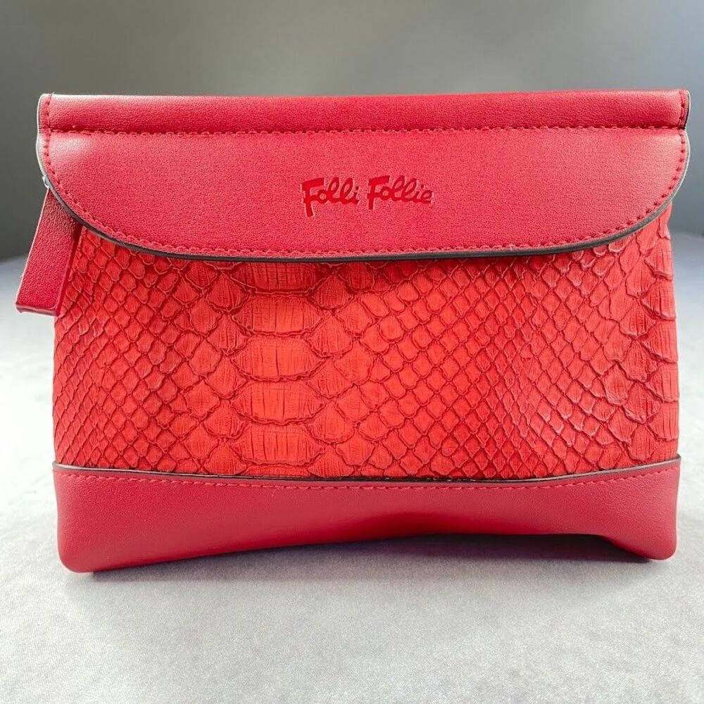Folli Follie Textured Faux Leather Bag Red Snakeskin Toiletry Bag Makeup Travel